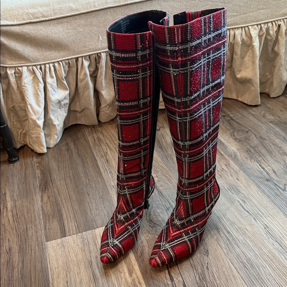Alex Marie Red RHINESTONE Plaid Knee High Boots